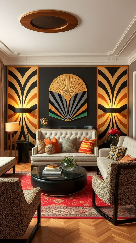 A stylish living room showcasing Art Deco motifs with bold geometric patterns, warm colors, and elegant furniture.