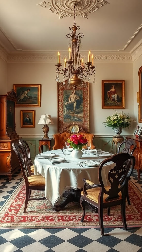 Elegant antique dining room with round table, chandelier, and classic artwork on the walls