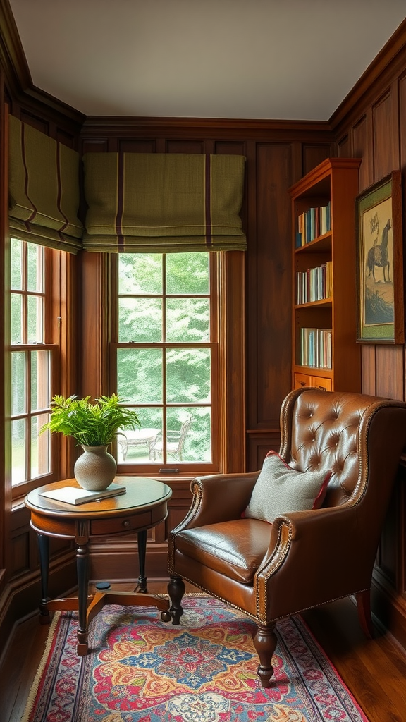 A cozy corner featuring a traditional leather wingback chair next to a round table with a plant.