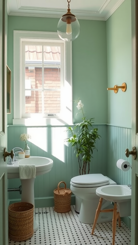 A small, stylish bathroom with mint green walls and a plant by the window.