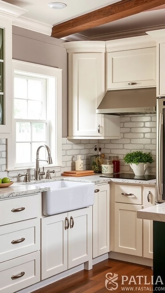 A kitchen featuring transitional style cabinets with a farmhouse sink and marble countertops.