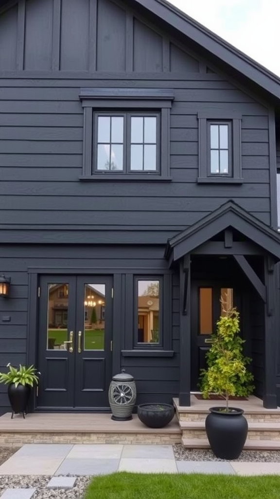 A modern home exterior painted in Tricorn Black with stylish details.