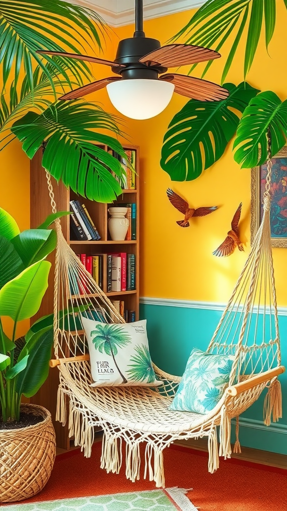 A cozy tropical reading nook featuring a hammock, palm leaf pillows, and bright yellow walls.