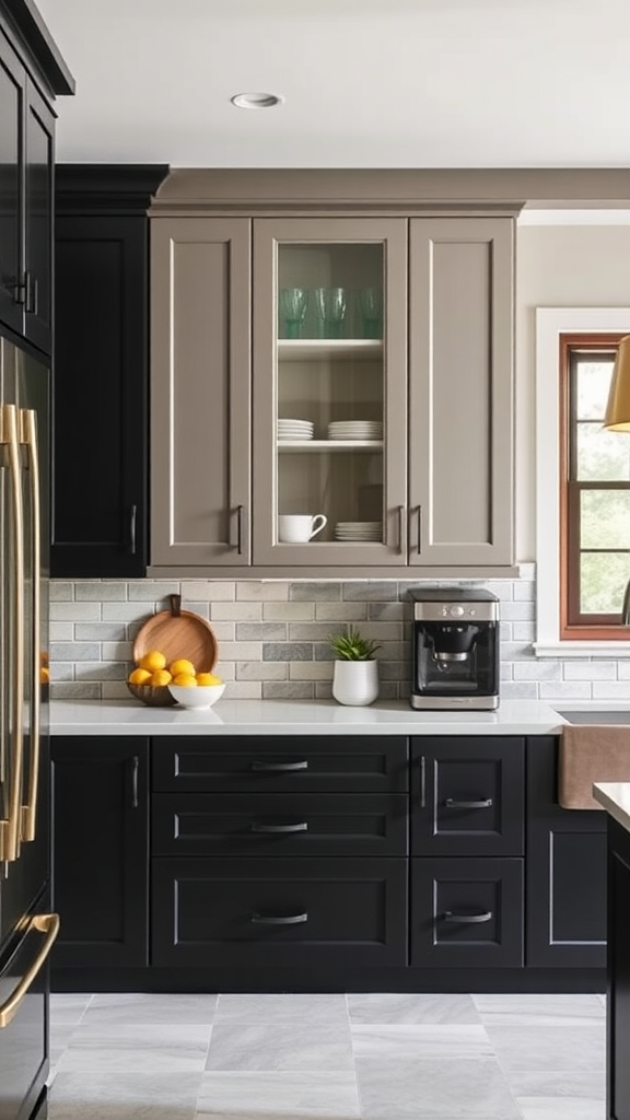 A kitchen featuring two-tone cabinets in dark and light colors.