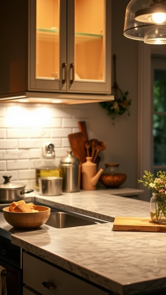 A cozy kitchen with under-cabinet lighting illuminating marble countertops and a bowl of bread.