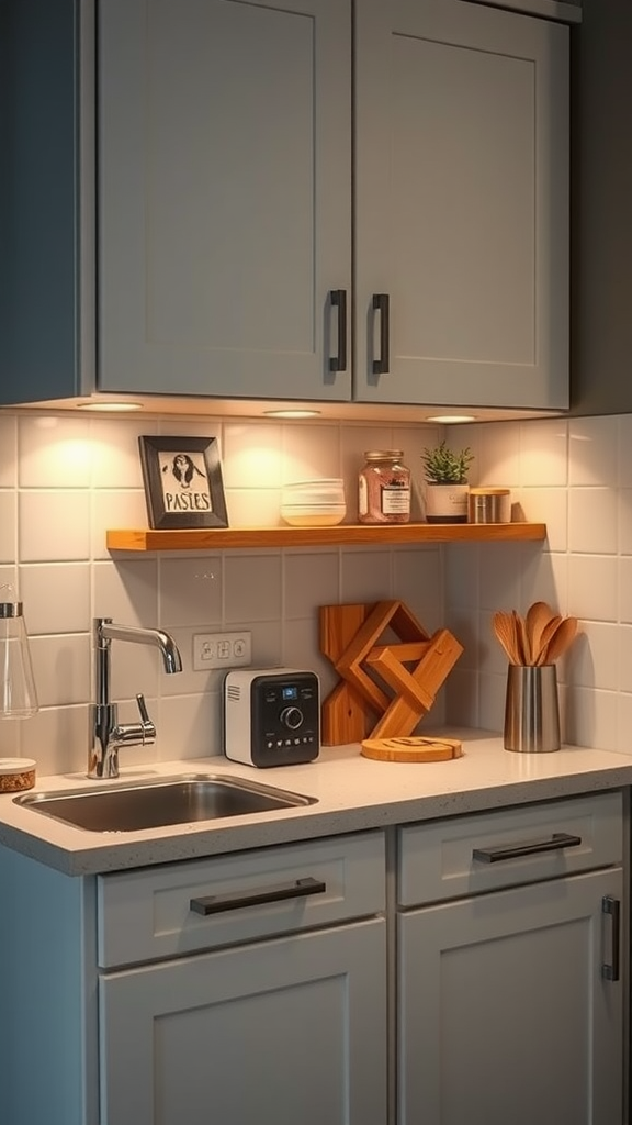 A cozy kitchen area with under-cabinet lighting showcasing a clean countertop and decorative items.