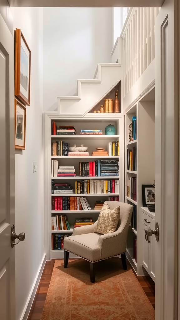 A cozy under-stair library with bookshelves and a reading chair