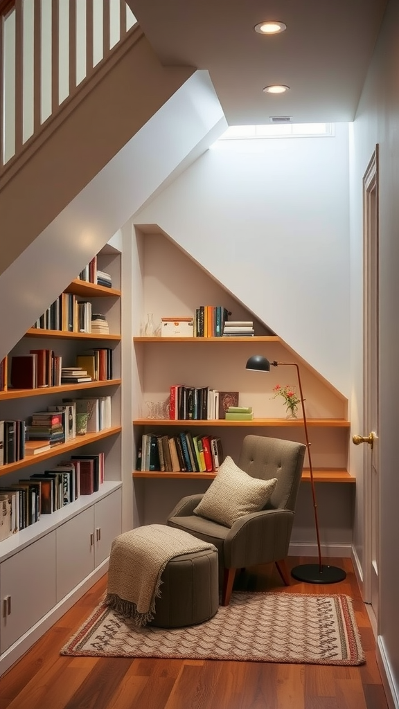 Cozy reading nook under the stairs with a comfortable chair, ottoman, bookshelves, and soft lighting.