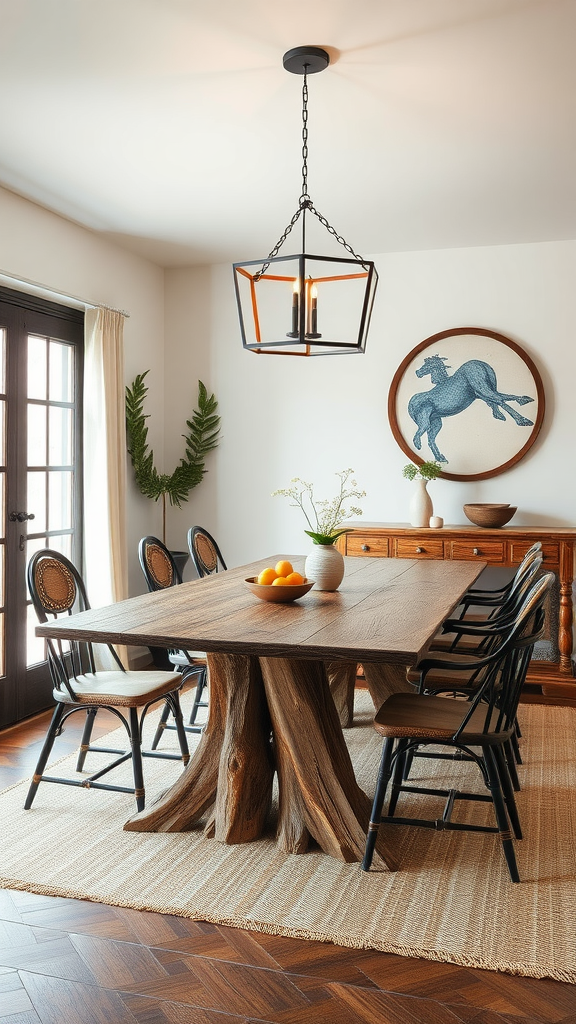 A unique wooden dining table with a tree trunk base surrounded by black chairs, illuminated by a stylish hanging light, in a cozy dining room.