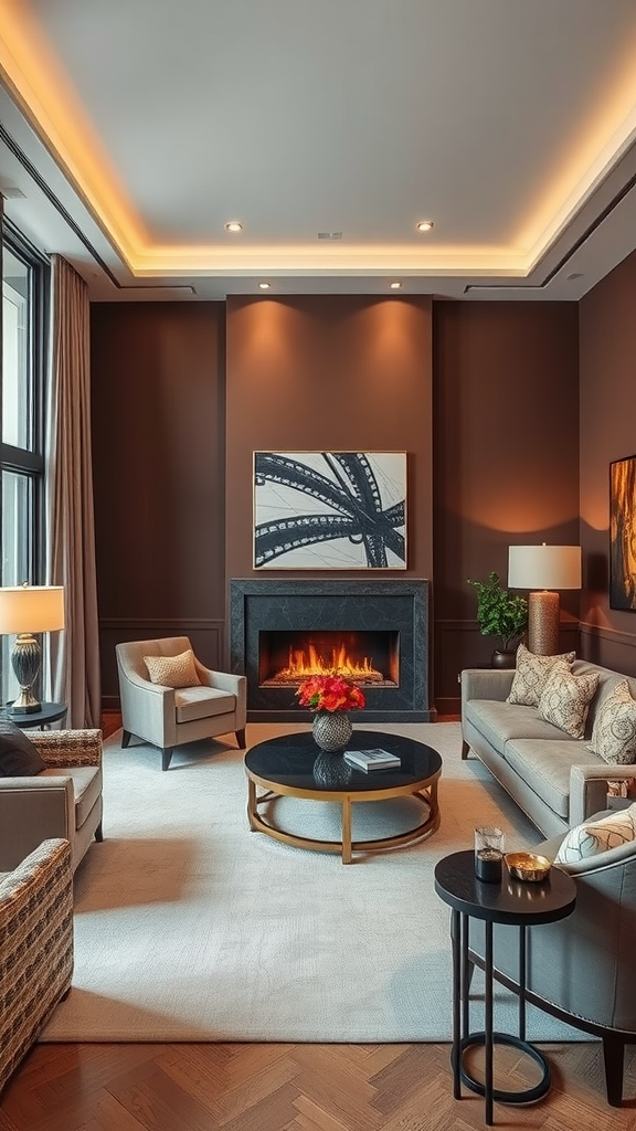 A stylish living room featuring dark walls, a modern fireplace, and elegant decor.