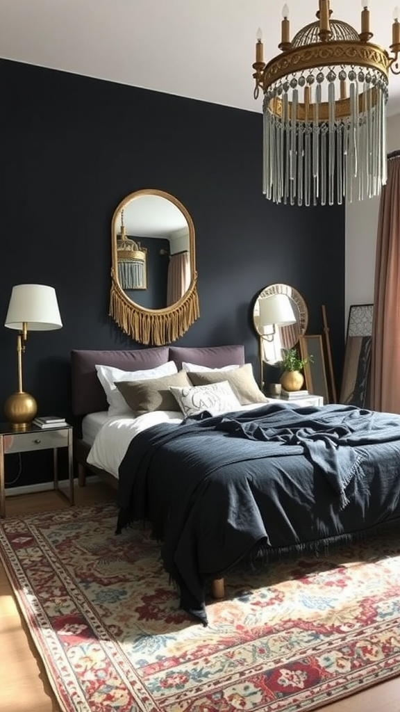 A cozy dark boho bedroom featuring mirrors, a chandelier, and a warm rug.