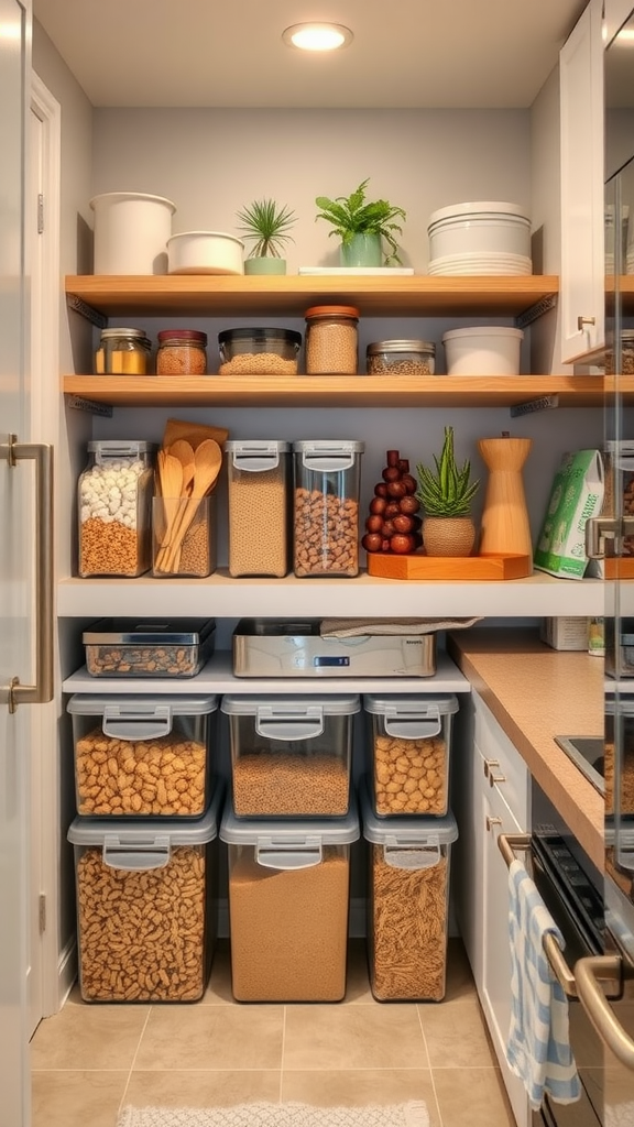 Organized pantry with clear containers and neatly arranged items.