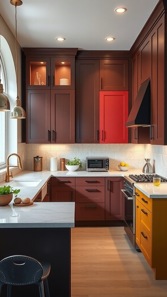 A modern kitchen featuring dark cabinets mixed with bright red and yellow accents.