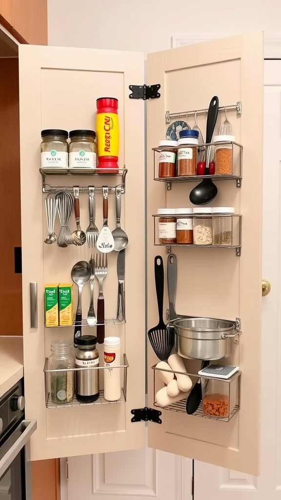 A kitchen cabinet door organized with spices, utensils, and containers for additional storage.