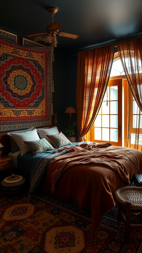 A cozy dark boho bedroom with rich textiles, a tapestry on the wall, and warm lighting.