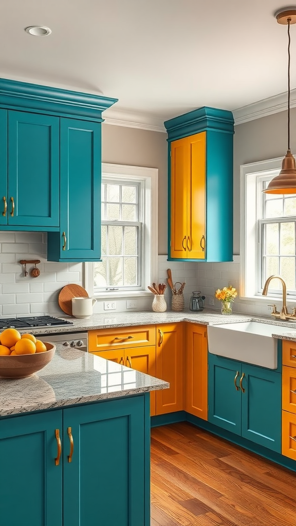 A bright kitchen featuring teal and yellow cabinets with a modern design.