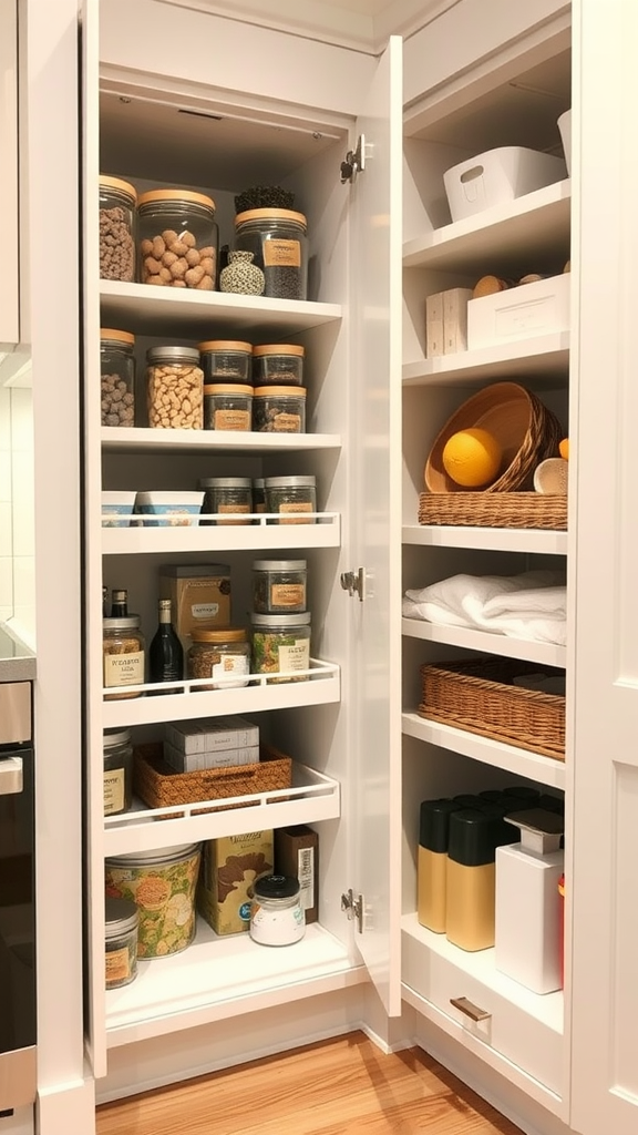 A well-organized corner cabinet filled with jars, baskets, and neatly arranged items.