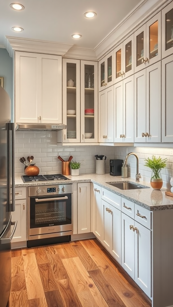 Modern kitchen with white cabinets, granite countertop, and wooden floor