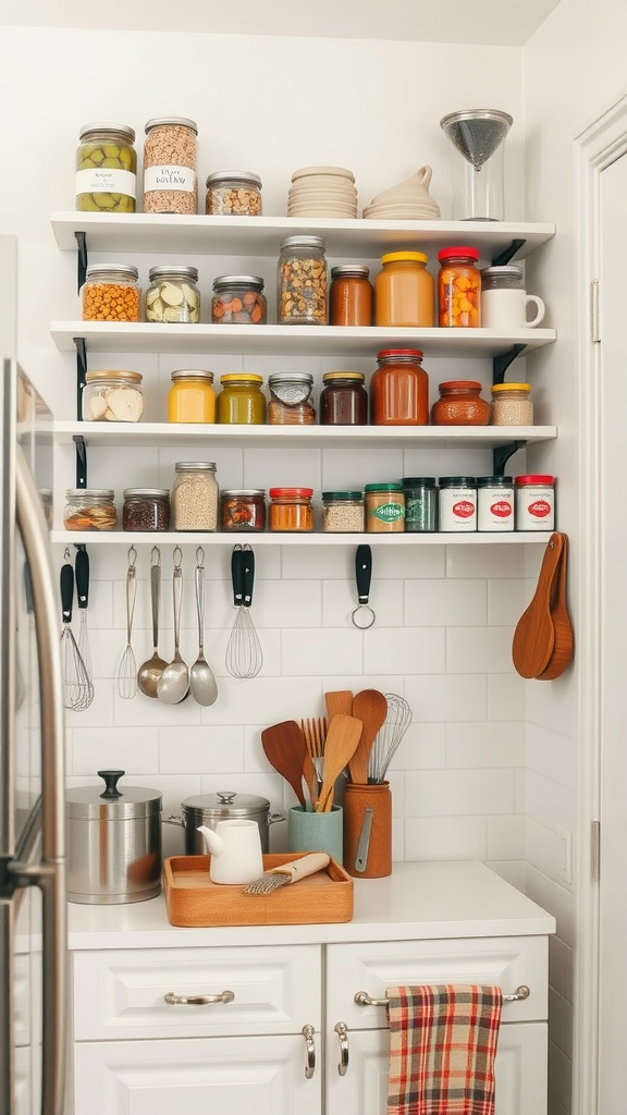 A well-organized kitchen shelf with various jars and utensils