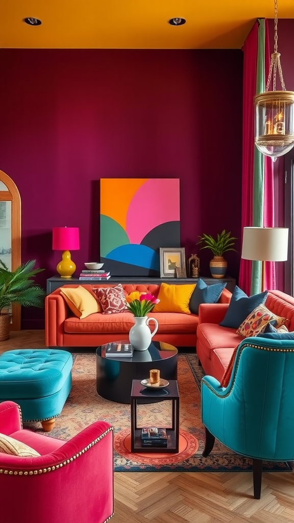 A vibrant living room with a purple wall, orange and blue sofas, colorful pillows, and a bright yellow ceiling.