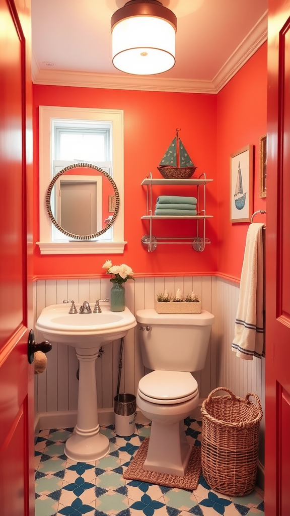 A vibrant coral bathroom featuring a sink, toilet, and decorative elements.