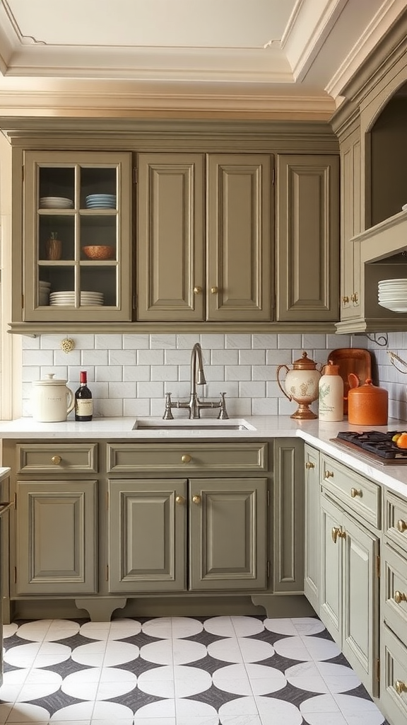 A vintage-inspired kitchen featuring elegant cabinets with a classic design, marble countertops, and patterned flooring.