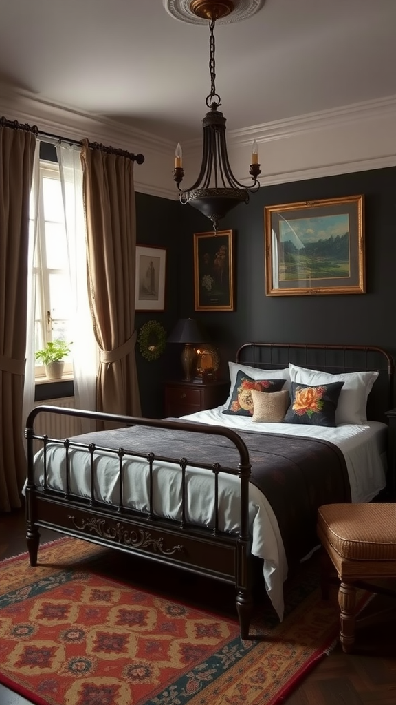 A cozy vintage bedroom with dark walls, black bed frame, fluffy cushions, and a patterned rug.