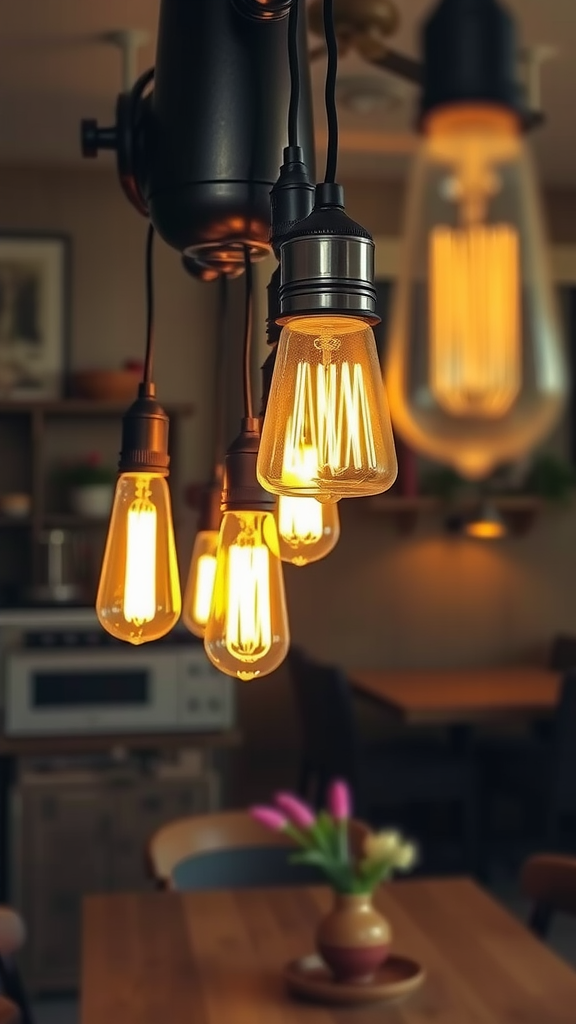 A cluster of vintage Edison bulbs hanging from a ceiling, illuminating a cozy kitchen space.