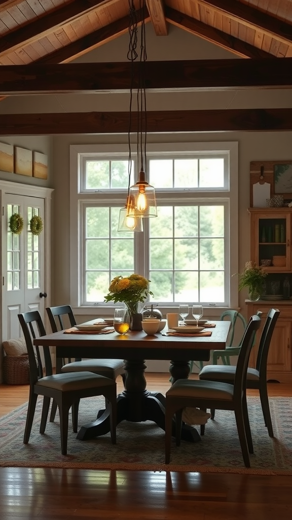 Cozy dining area with vintage lighting fixtures, wooden table, and a view of greenery outside