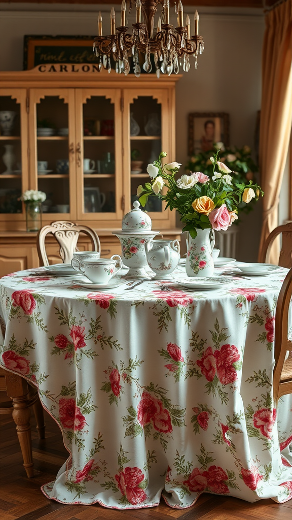 A vintage floral tablecloth on a dining table with china and a vase of flowers, creating an inviting atmosphere.