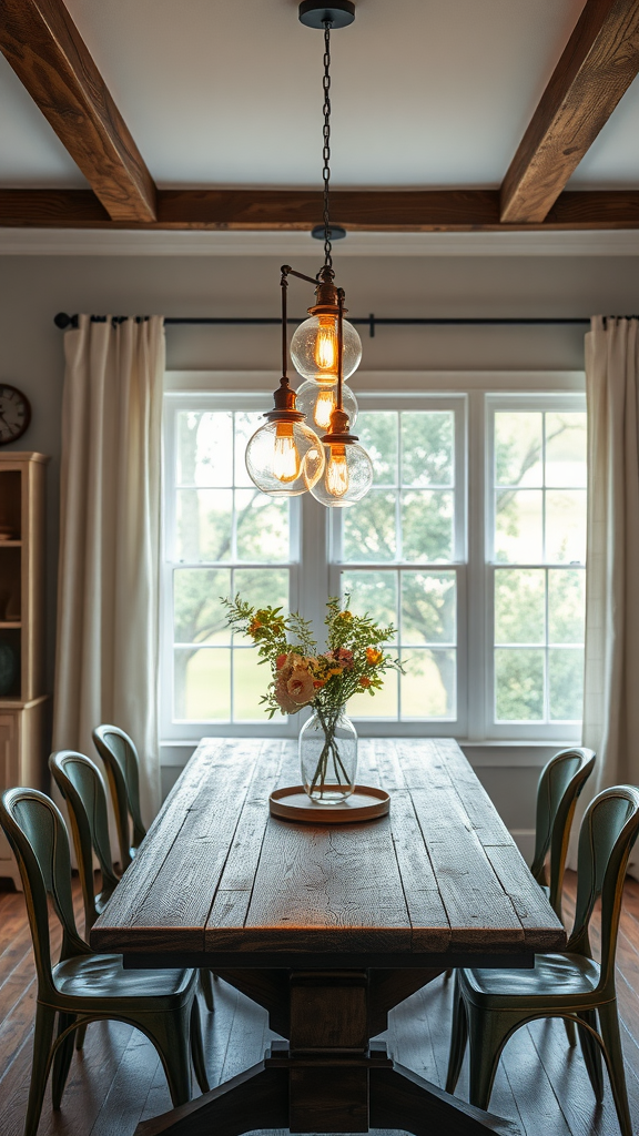 A dining area with vintage light fixtures, a wooden table, green chairs, and a vase of flowers.