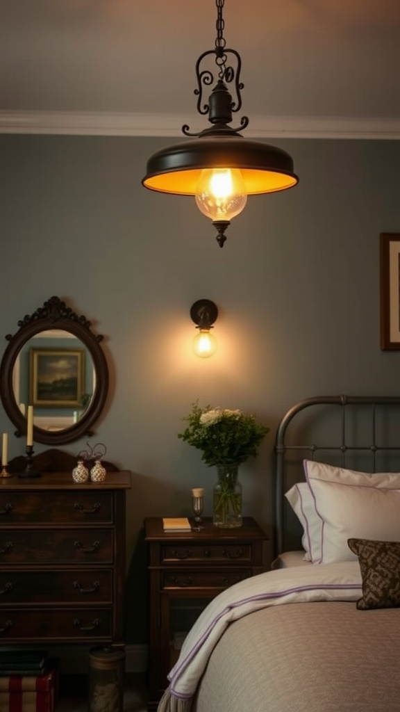 A cozy bedroom featuring vintage lighting fixtures with a pendant light and bedside lamp, fluffy cushions on the bed, and dark home decor elements.