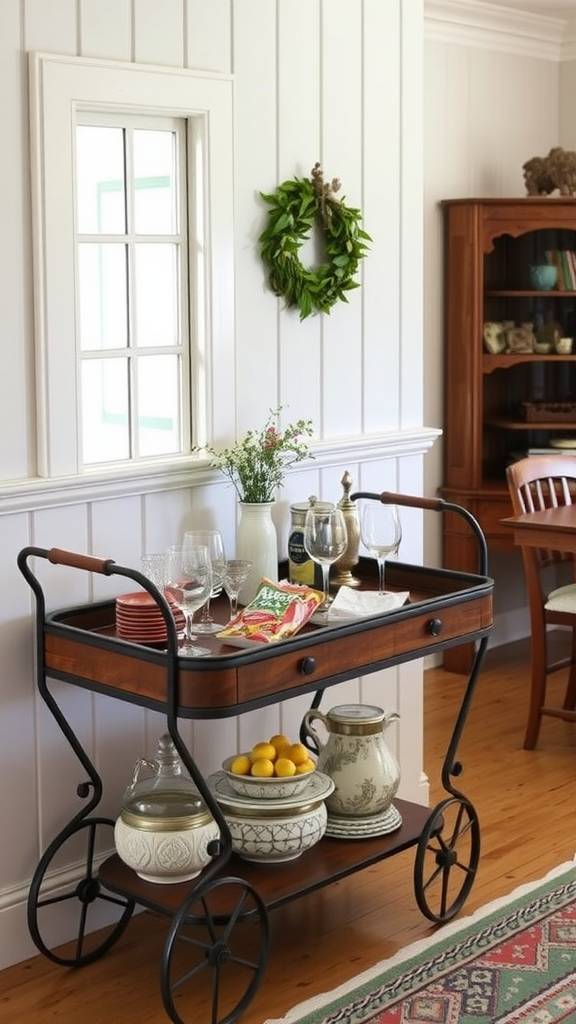 A vintage serving cart with glassware and decorative items in a cozy room.