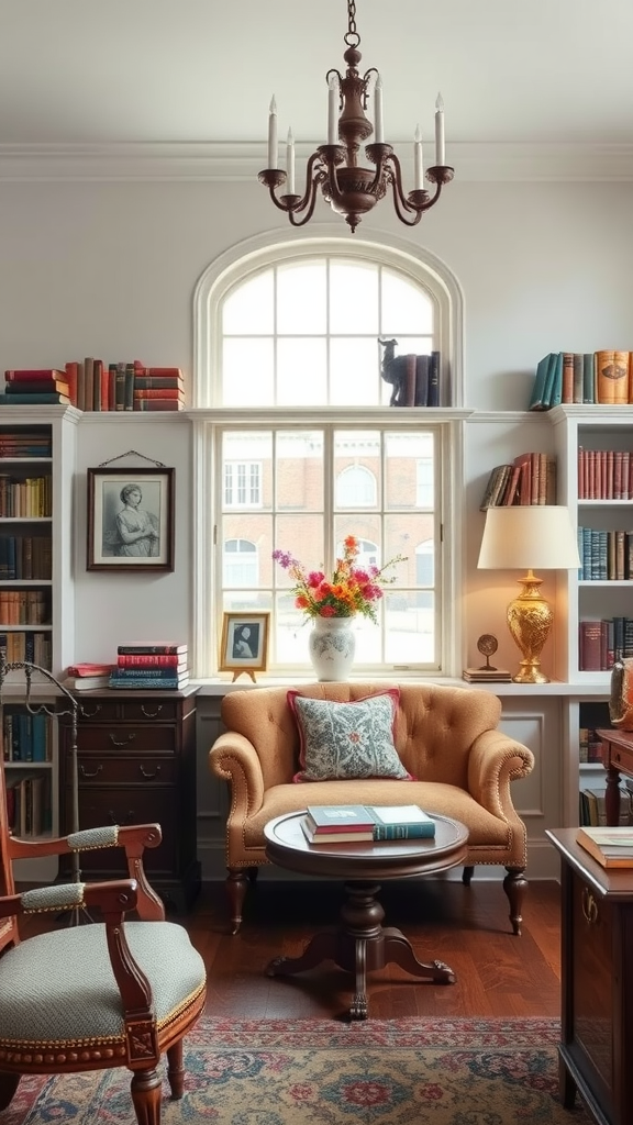 Cozy vintage reading room with bookshelves, a comfortable chair, and a chandelier.