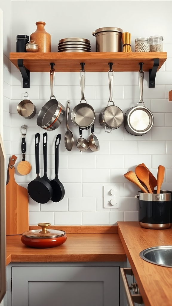 A kitchen with a wall-mounted pot rack displaying pots, pans, and utensils.