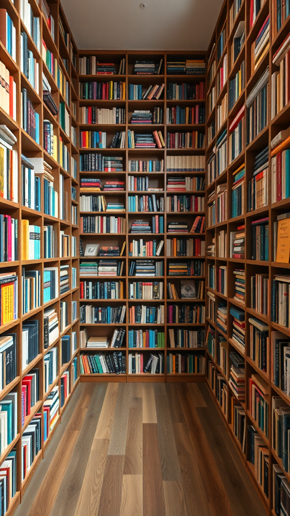 A cozy room with wall-to-wall bookshelves filled with colorful books