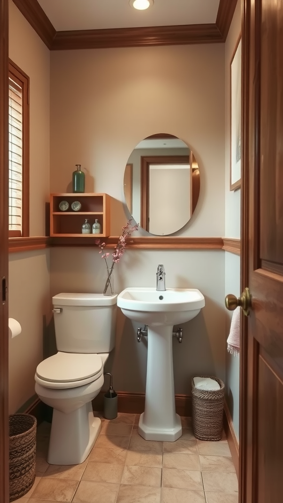 Cozy bathroom with warm beige walls and natural wood accents.