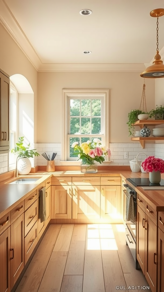 Cozy kitchen with warm cream tones and natural wood elements, featuring flowers and sunlight.