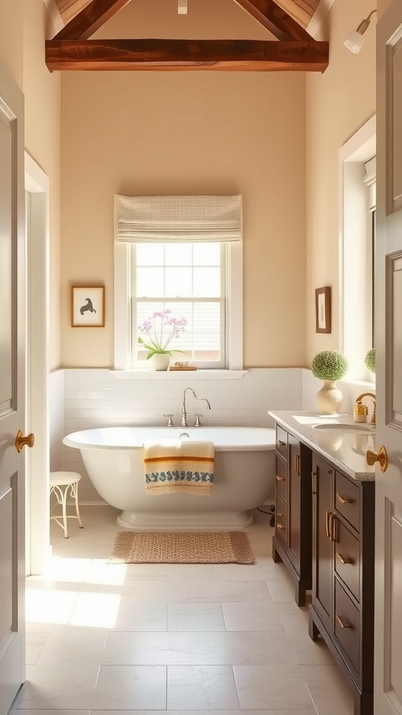 A beautifully designed bathroom with warm cream walls, a freestanding tub, and natural light illuminating the space.