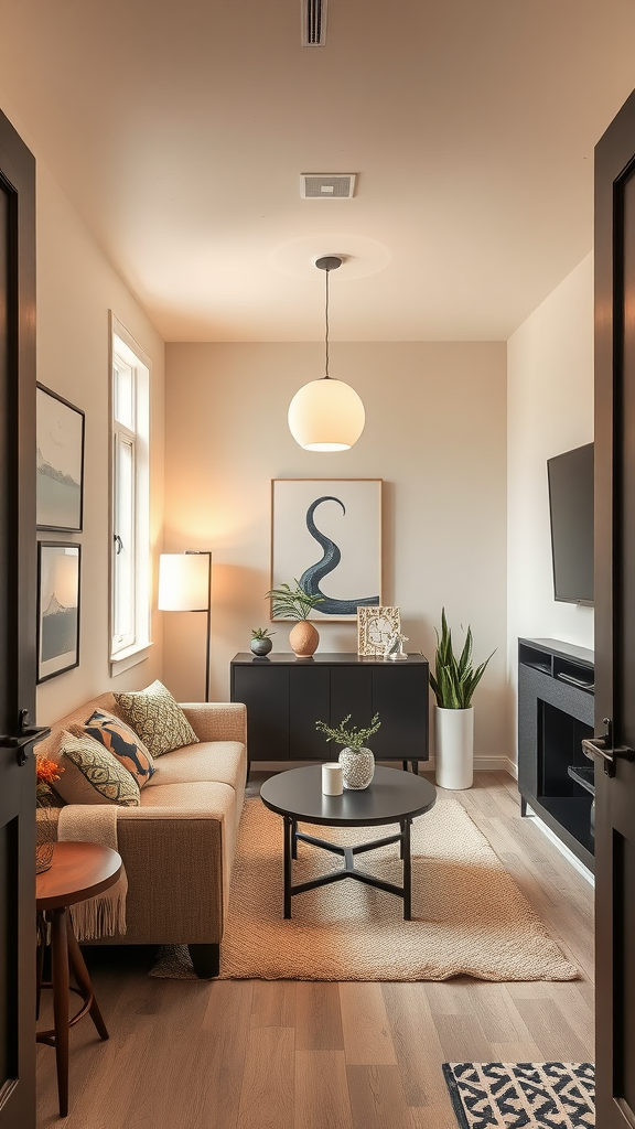 A cozy living room with warm creamy beige tones, featuring a comfortable sofa, a round coffee table, and decorative elements.