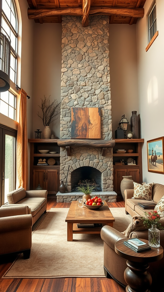 A cozy living room with a stone fireplace, wooden beams, and warm earth tones, featuring rustic decor.