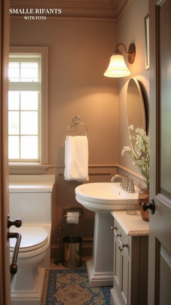 A warm taupe bathroom featuring a modern sink and toilet with natural light.