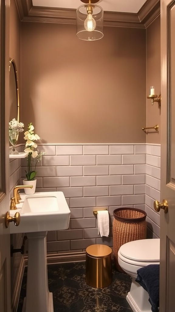 A stylish bathroom featuring warm taupe walls, gold accents, and modern fixtures.