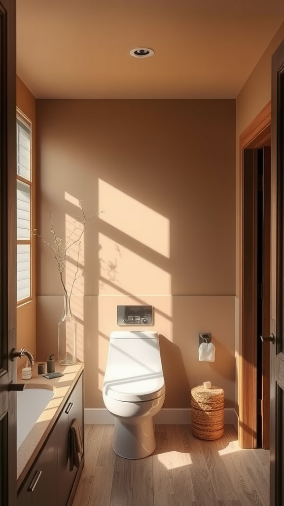 A bathroom with warm taupe walls, natural light streaming through the windows, and modern fixtures.