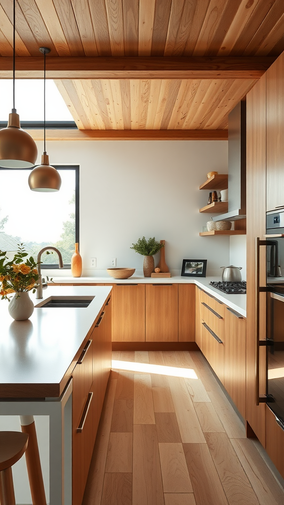 A contemporary kitchen featuring warm wood cabinets and ceiling, creating a cozy atmosphere.