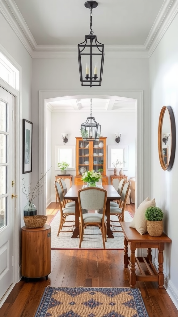 A welcoming entryway leading to a dining area with elegant lighting and natural decor.