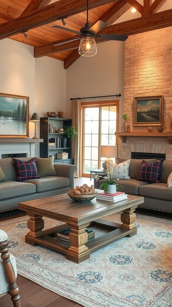 Cozy living room with wooden beams, gray sofas, plaid pillows, and a rustic coffee table