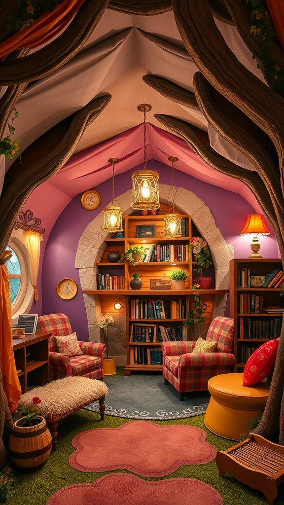 A cozy reading nook with tree-like features, colorful chairs, and bookshelves, designed for a whimsical experience.