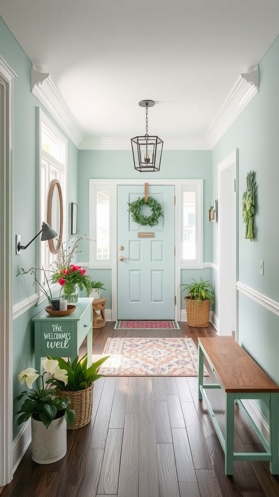 A well-decorated entrance hallway with mint green walls, potted plants, and a welcoming sign.