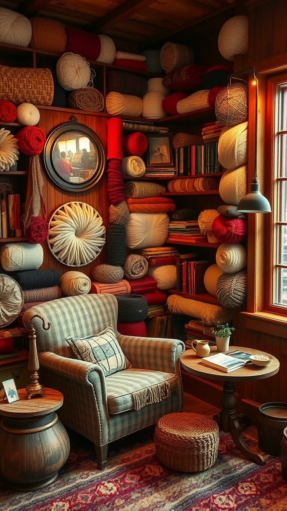 A cozy room filled with colorful wool skeins stacked on shelves, with a comfortable chair and warm lighting.